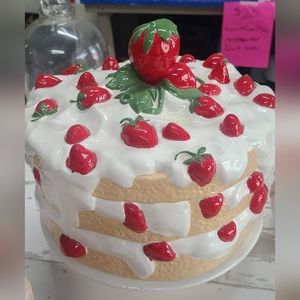 Vintage Ceramic Strawberry Shortcake Cake Stand and Lid on Pedestal Foot